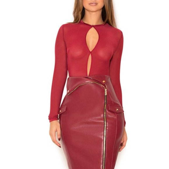 House of CB Tops - NWT HOUSE OF CB Signe Burgundy Semi Sheer Bodysuit Mesh Keyhole Small